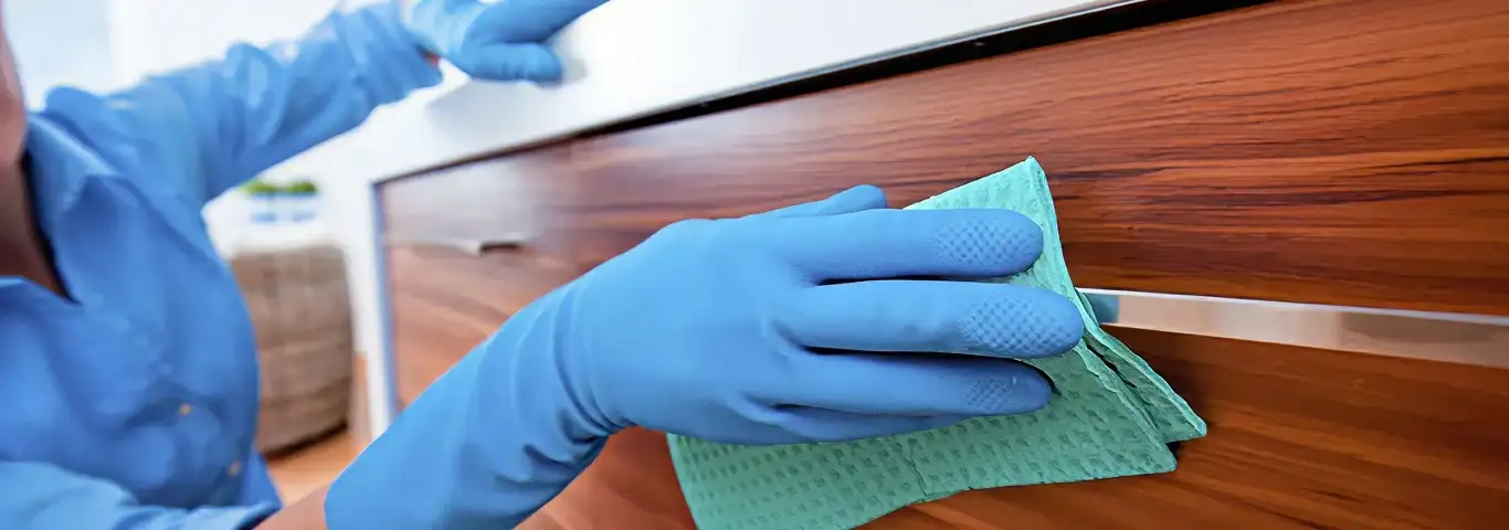 Cleaner wearing blue gloves wiping a wooden cabinet drawer with a microfiber cloth for dust and grime removal, Manchester, NH.