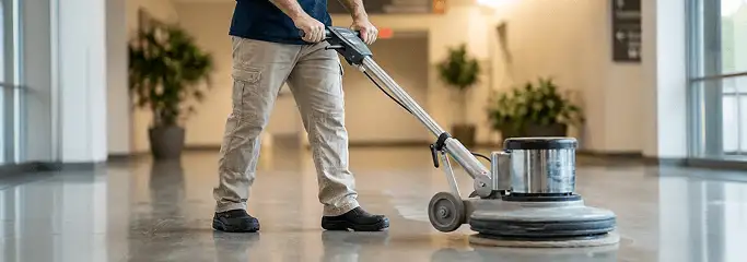 Professional technician using an industrial floor buffer to polish and maintain shiny commercial flooring in a corporate hallway in Manchester, NH.