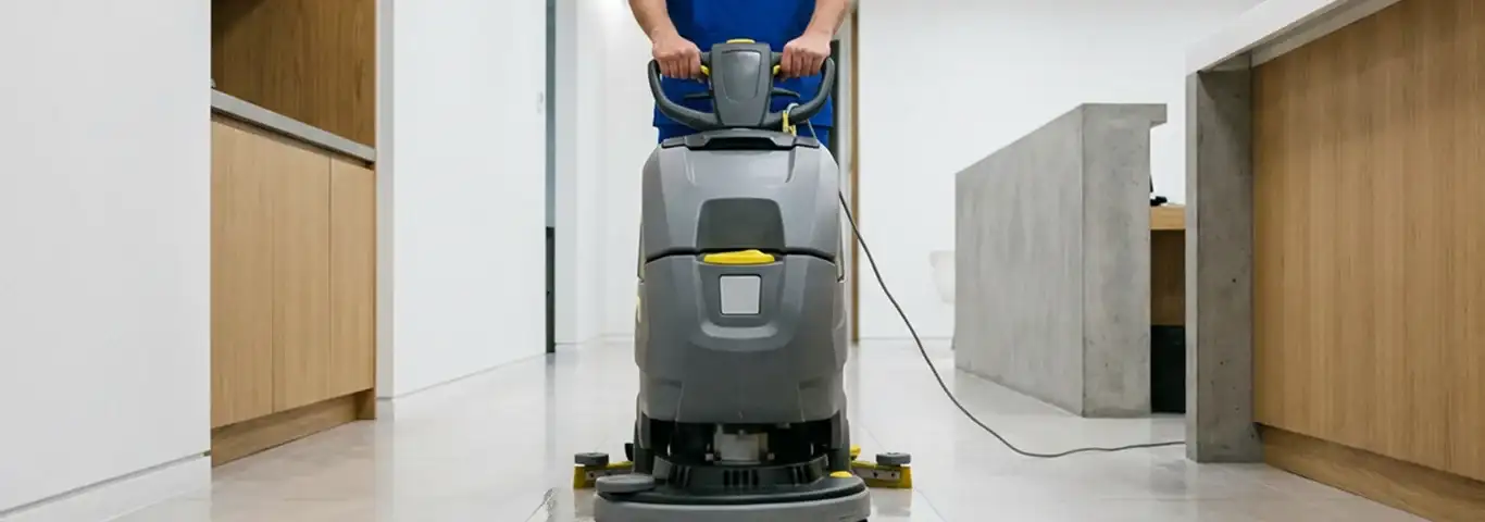Janitorial staff using a floor scrubber machine to clean a commercial hallway, Manchester, NH.