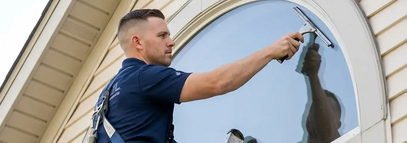 Professional window cleaner using a squeegee to clean an exterior arched window on a home, Manchester, NH.