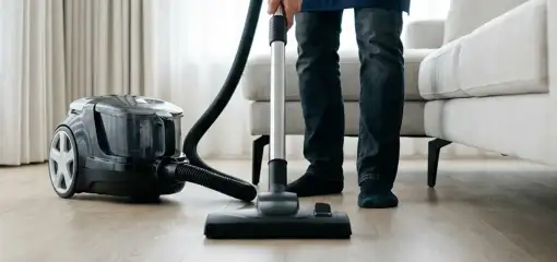 Professional house cleaner vacuuming a living room floor with a canister vacuum cleaner, Manchester, NH.