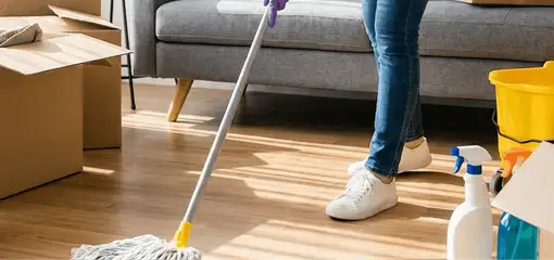 Move-out cleaning setup with a cleaner mopping hardwood floors near moving boxes and cleaning supplies, Manchester, NH.