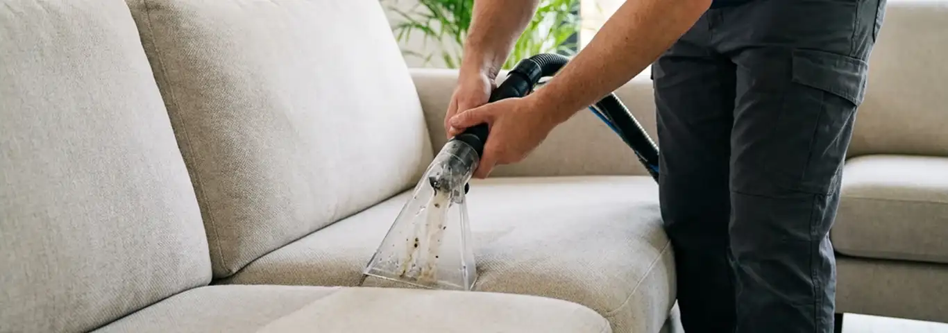 Technician extracting dirt and moisture from a fabric sofa with an upholstery cleaning wand, Manchester, NH.