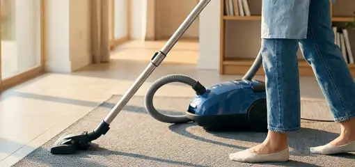 Person vacuuming a living room rug with a canister vacuum cleaner near large windows, Manchester, NH.